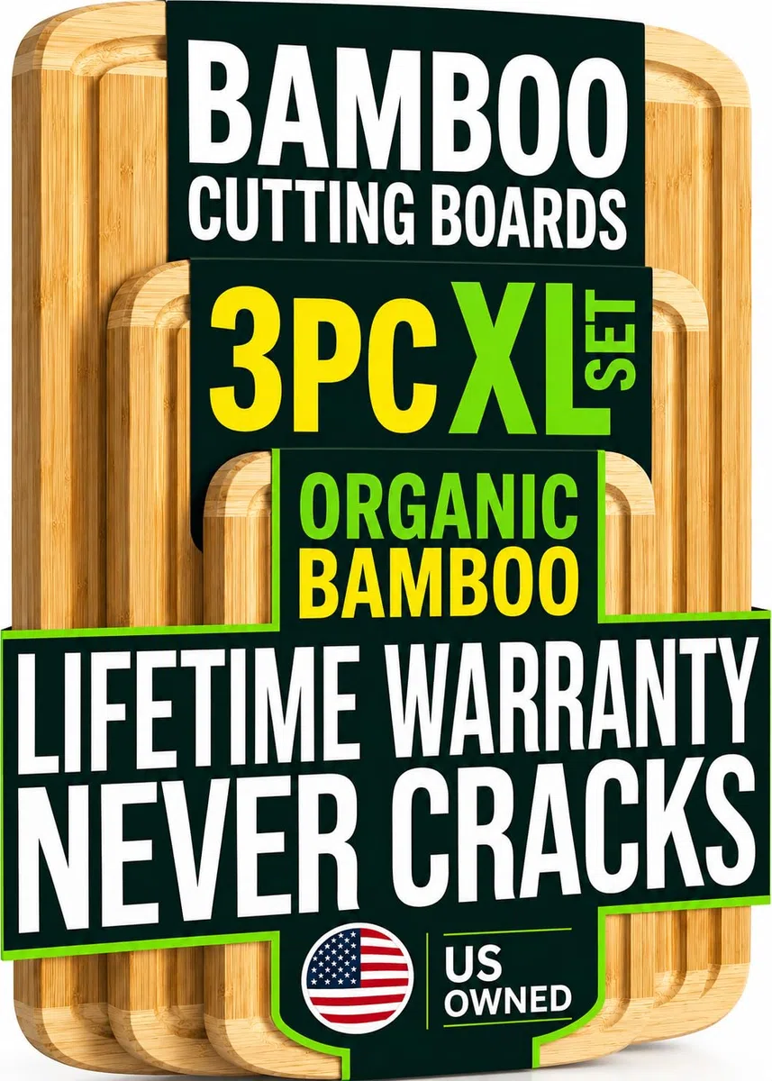 INDESTRUCTIBLE Lot de 3 planches à découper extra larges en bambou avec technologie de résistance à grain vertical – Planche à découper en bois XL pour cuisine et planche à découper légère