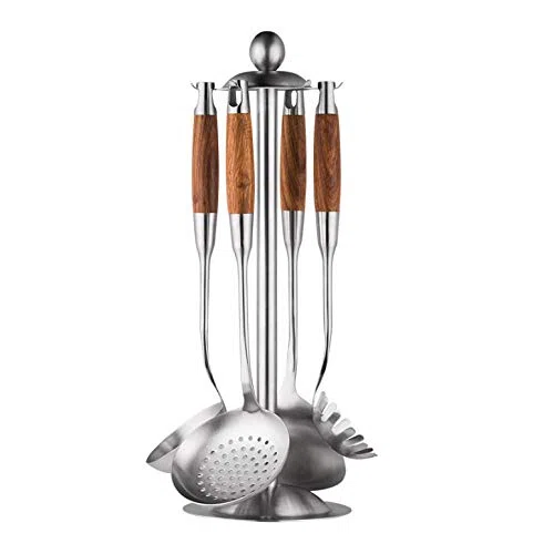 6 pièces ustensiles de Cuisine en Acier Inoxydable Manche en Bois Ensembles d'outils de Cuisine tourneur Soupe Riz cuillère pâtes Serveur passoire ustensiles de Cuisine