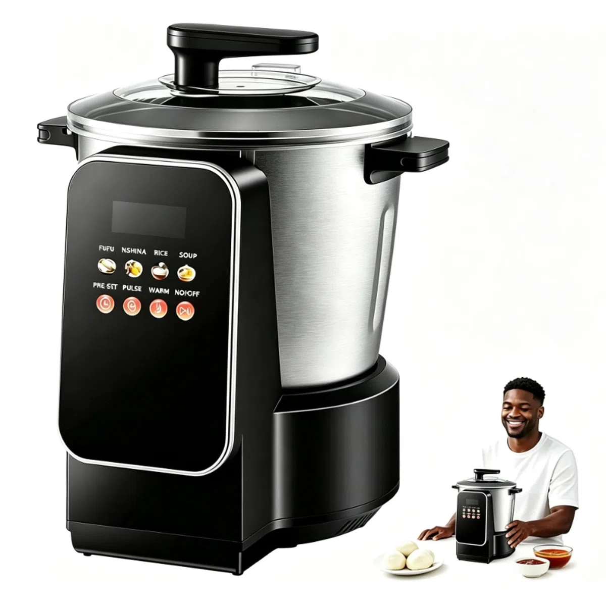Fufu Maker 900 W Machine à hirondelles automatique à couple élevé, grande capacité de 6 L, facile à nettoyer, idéal pour l'igname pilée et la soupe Nshima
