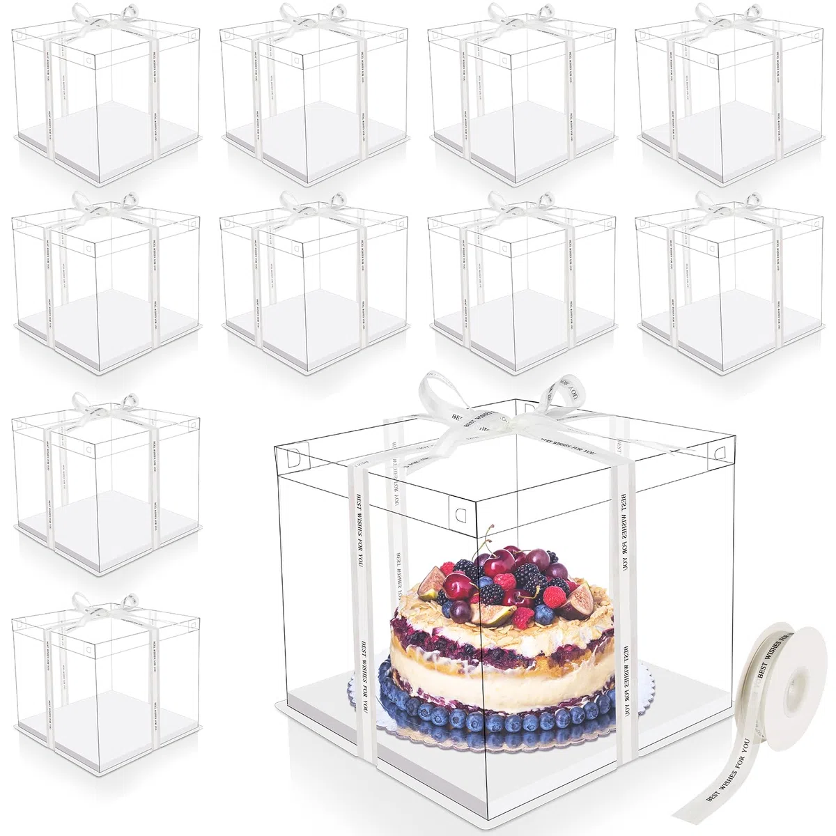 Maxdot Lot de 10 grandes boîtes à gâteau transparentes de 30,5 x 30,5 x 25,4 cm avec ruban de transport pour gâteaux de mariage, boîtes cadeaux transparentes pour fête, anniversaire, dessert, blanc