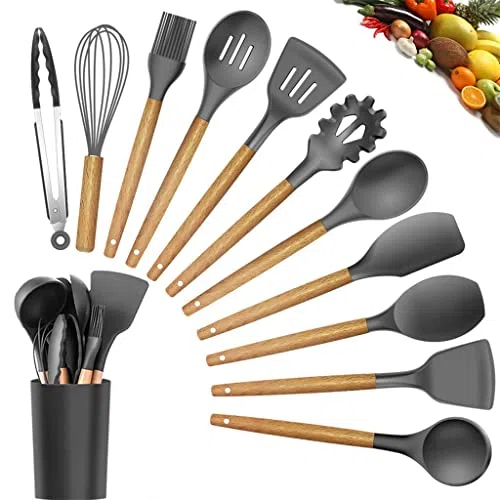 Ensemble d'ustensiles de Cuisine Manche en Bois spatule cuillère à Soupe passoire ustensiles de Cuisine antiadhésifs Outils de Cuisine