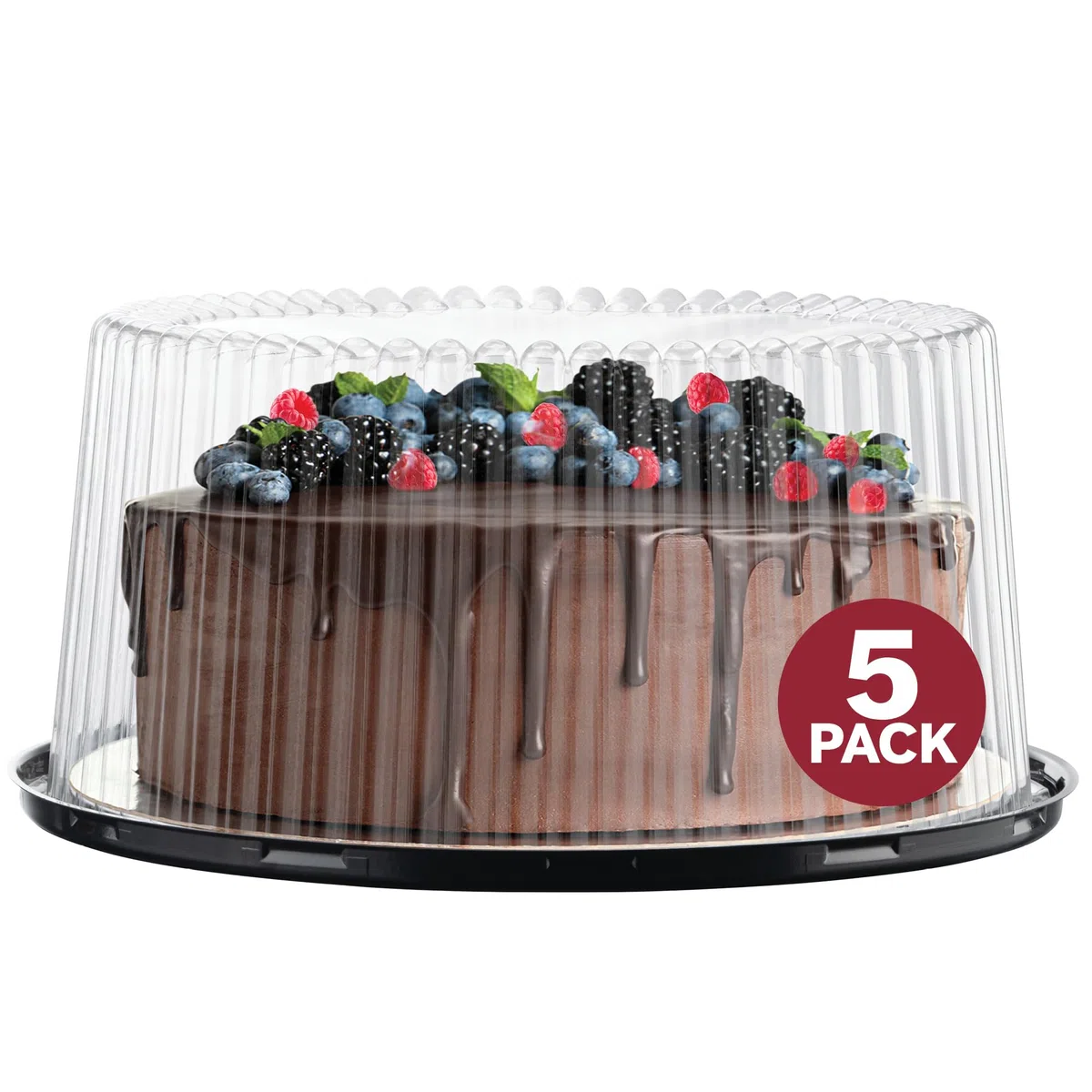 Lot de 5 boîtes à gâteau jetables en plastique de 25,4 cm avec couvercles en dôme et planches à gâteau [Lot de 5] et pelle à gâteau | Boîtes à gâteau rondes Bundt | 2 à 3 couches pour le transport