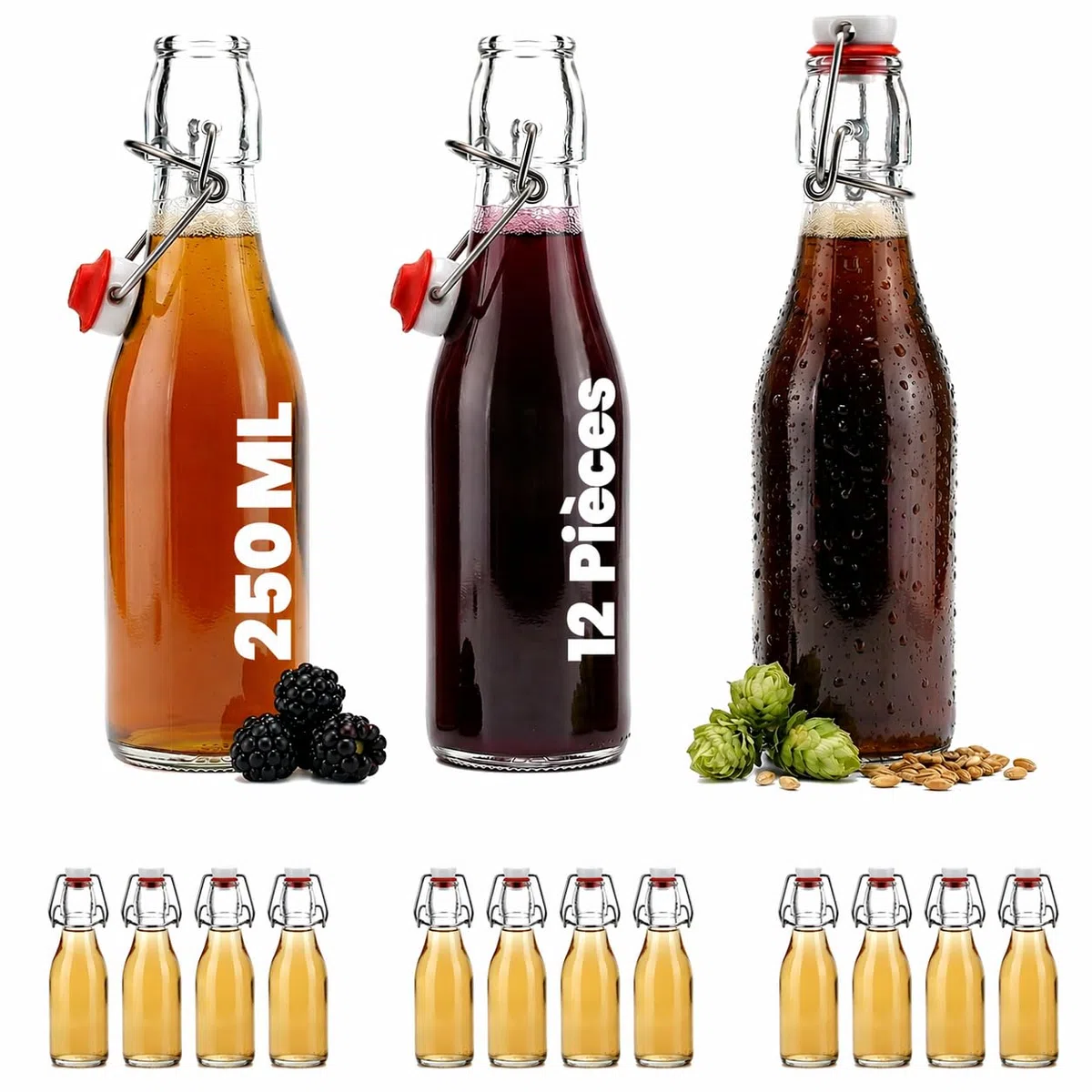 12 bouteille 25cl verre 250ml – lot bouteilles en verre 250 ml hermétique bouchon mécanique transparent conservation pack cadeau lot
