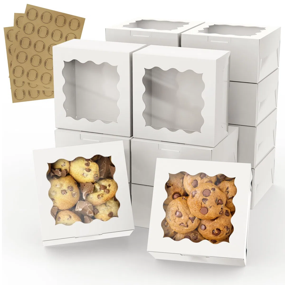 WUHUIXOZ – Lot de 60 boîtes à biscuits de 15,2 x 15,2 x 7,6 cm, boîtes de boulangerie blanches avec fenêtre transparente pour donuts, muffins, biscuits, macarons, pâtisseries
