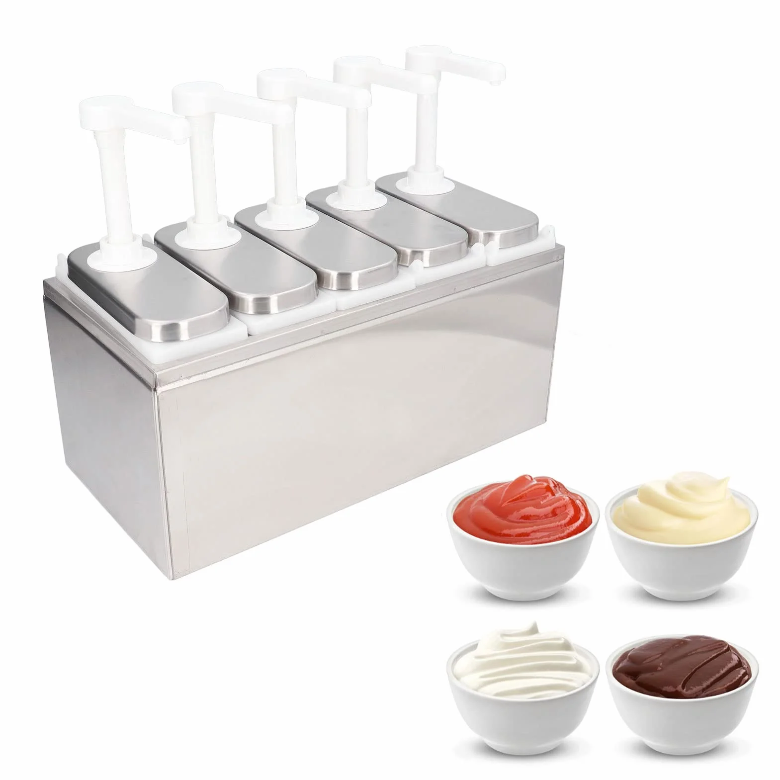 Pompe de Distributeur de Sauce, Station de Pompe à Condiments en Acier Inoxydable Pompe à Condiments, Assaisonnement Confiture de Salade Condiment Squeeze Pompe Conteneur avec (5