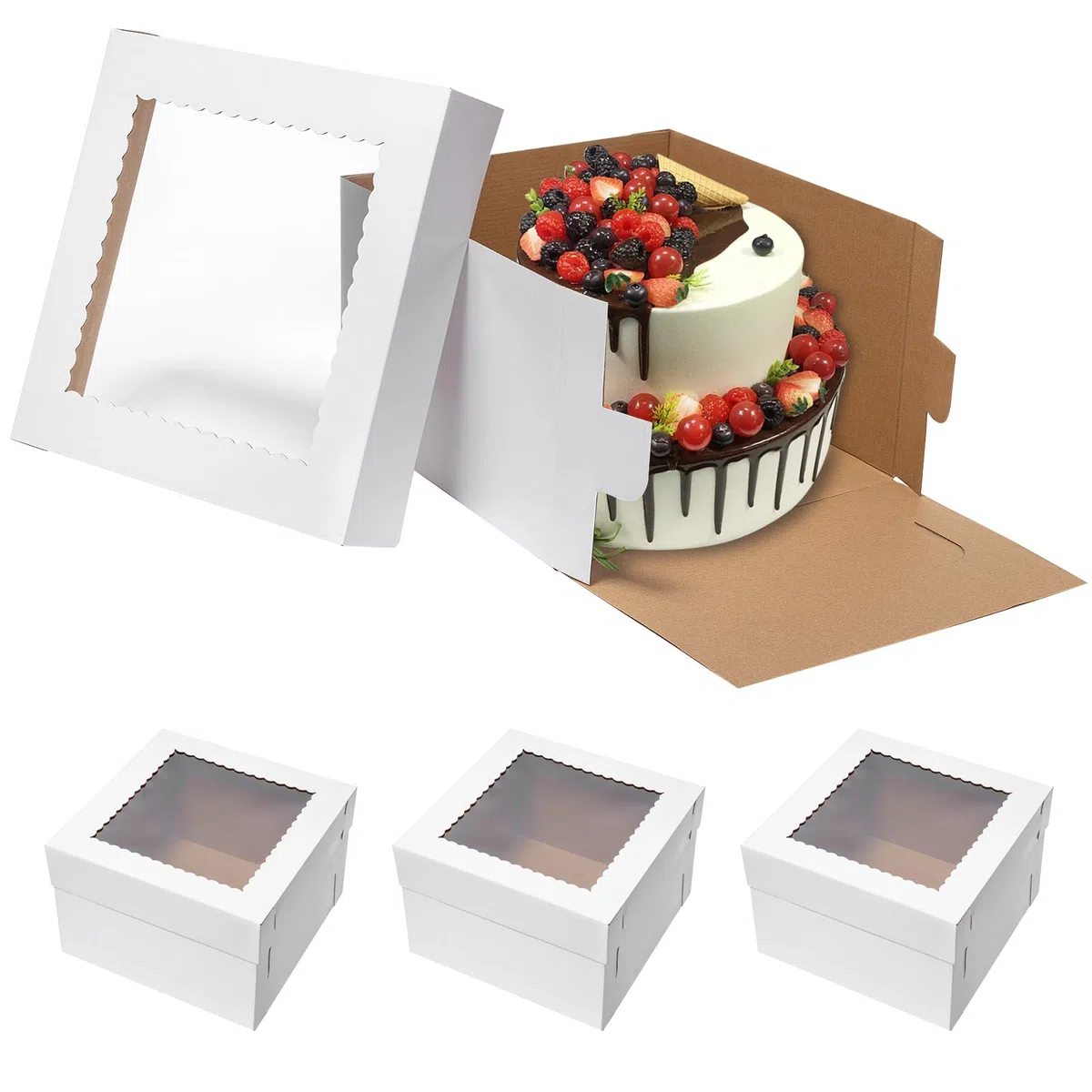 Mcfleet Lot de 4 boîtes à gâteau jetables de 25,4 x 25,4 x 20,3 cm de haut pour gâteaux à étage avec fenêtre de 25,4 cm et couvercles, en carton blanc pour mariage, anniversaire, fête