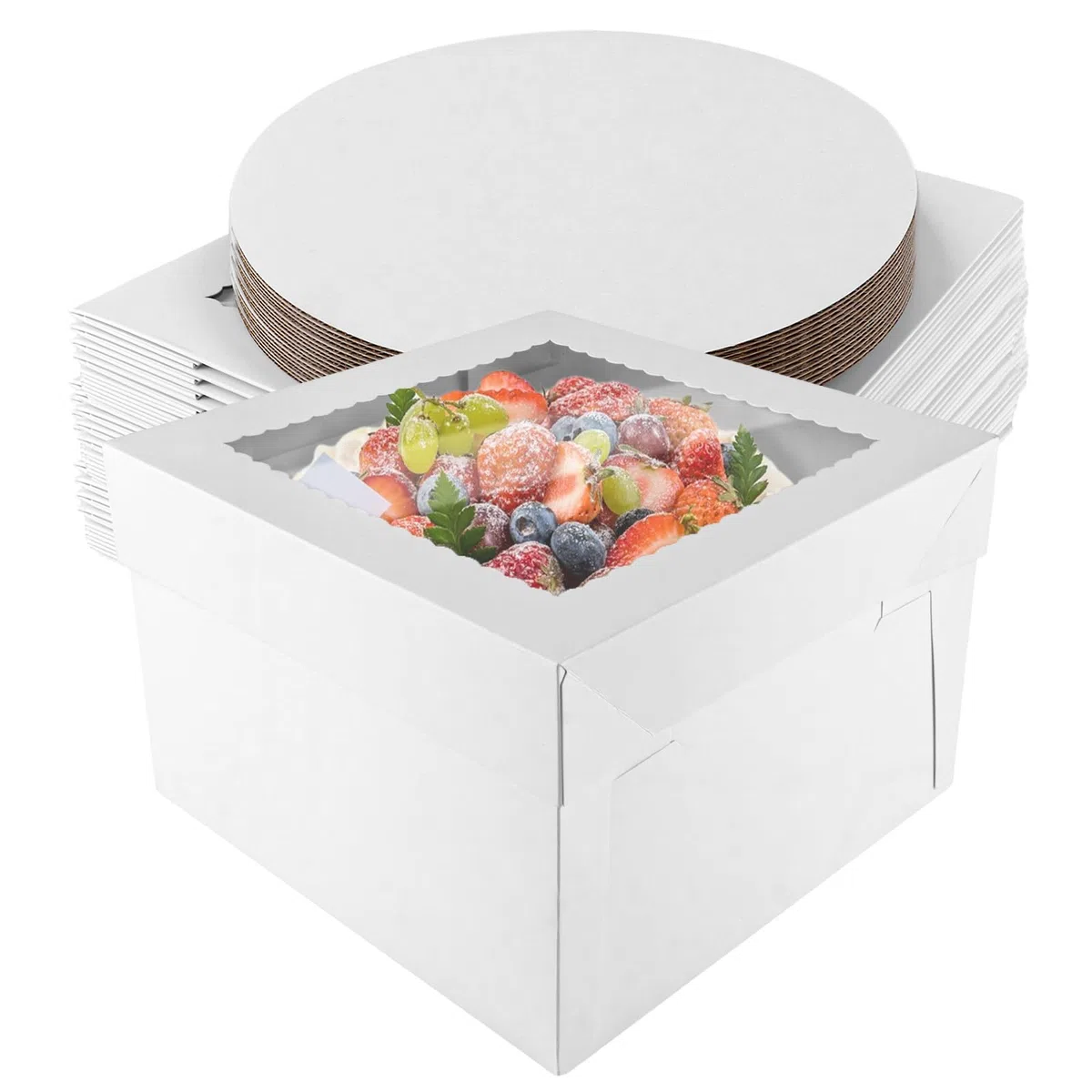 APACALI Lot de 40 boîtes à gâteau 30 x 30 x 20 cm, blanches, en carton, avec fenêtre, pour le transport de gâteaux, pâtisseries