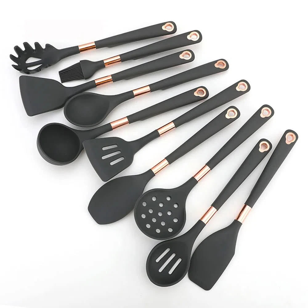 Ensemble d'ustensiles de Cuisine en Silicone, 10 pièces, têtes en Silicone de qualité Alimentaire et poignées en Silicone résistantes à la Chaleur