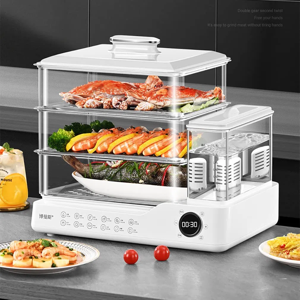 Cuiseur à écran Tactile électrique 24L, cuisinière à écran Tactile à 3 Niveaux, Vapeur Rapide de 800W, réservoir indépendant, minuterie 12H, Appareil de Cuisson sain Compact