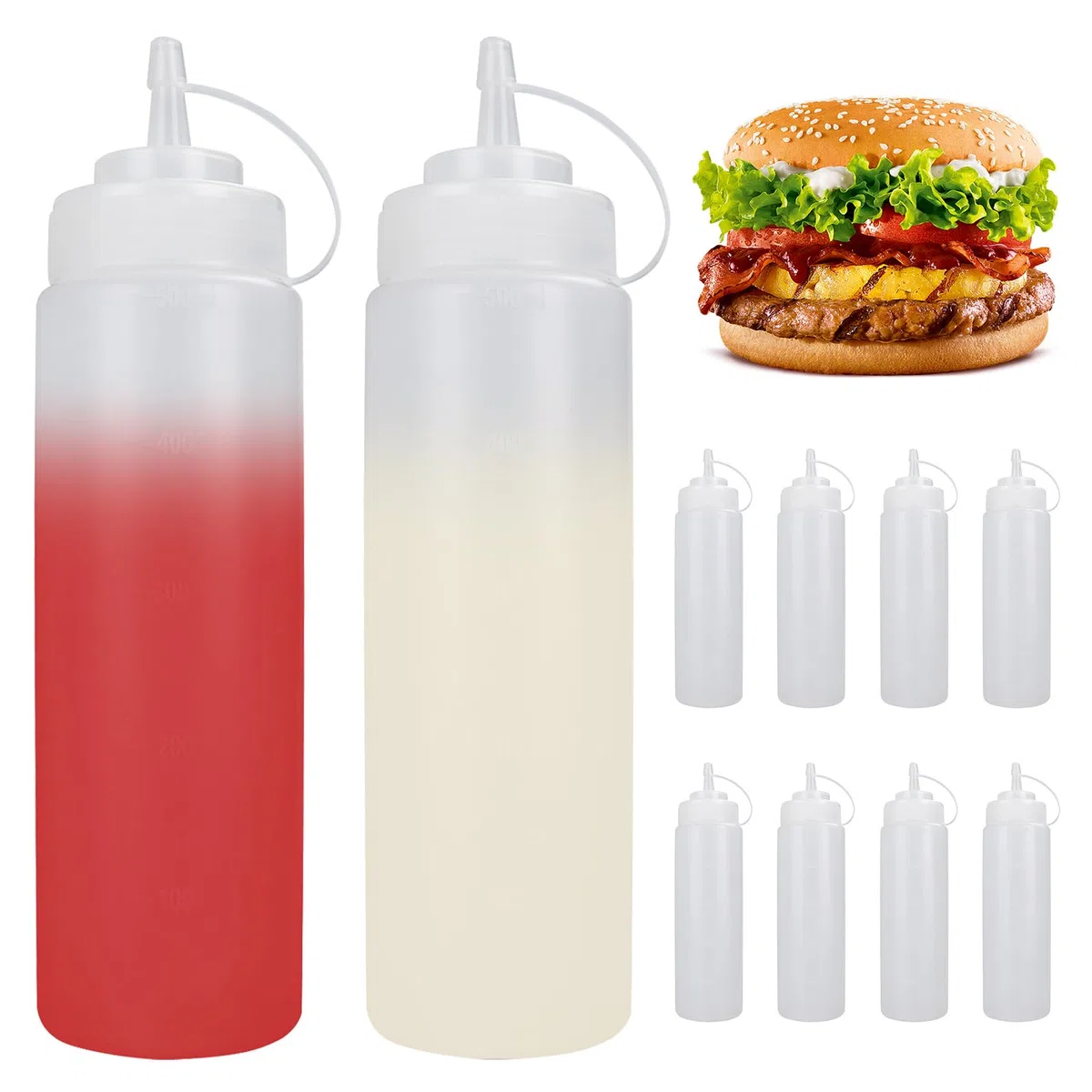 10 Pcs Bouteille à Sauce Plastique, Bouteilles Condiments 500 ML/16 oz avec Échelle, Flacon Plastique à Sauce avec Bouchon, Squeeze Bottle pour Sauce, Moutarde, Presser et Sans BPA